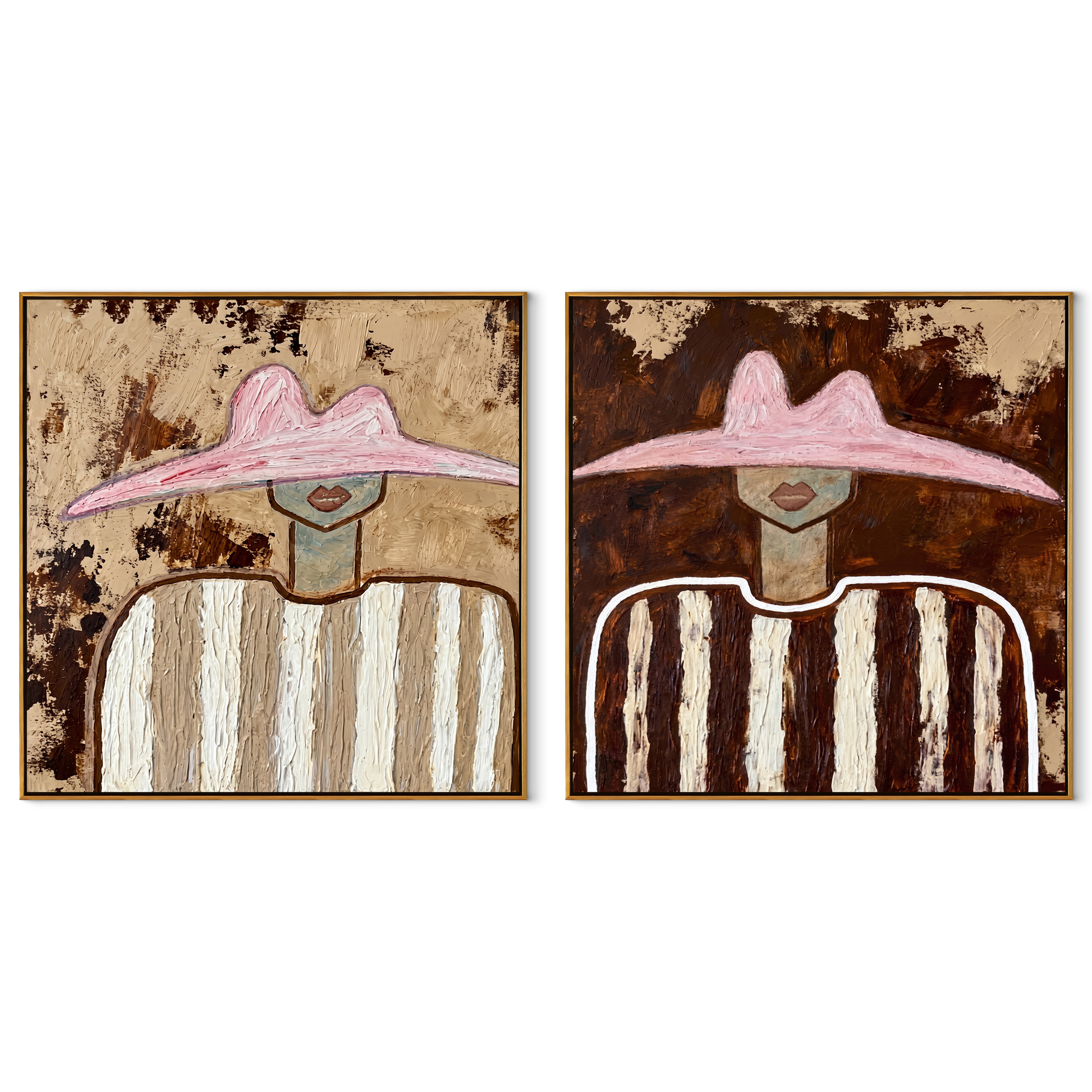 Dusty Hats Frame Stripes - weathered stripe portrait by Elliot Vale, modern figurative set of 2 wall art - complete two-panel artwork set on white background