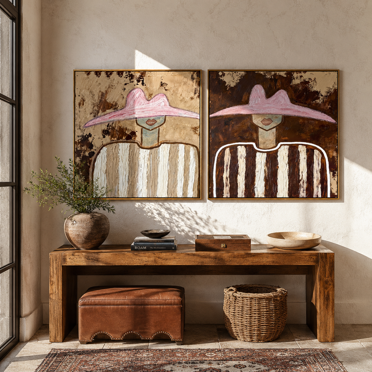 Dusty Hats Frame Stripes - weathered stripe portrait by Elliot Vale, modern figurative set of 2 wall art - styled room scene view 2