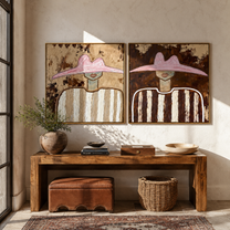 Dusty Hats Frame Stripes - weathered stripe portrait by Elliot Vale, modern figurative set of 2 wall art - styled room scene view 2
