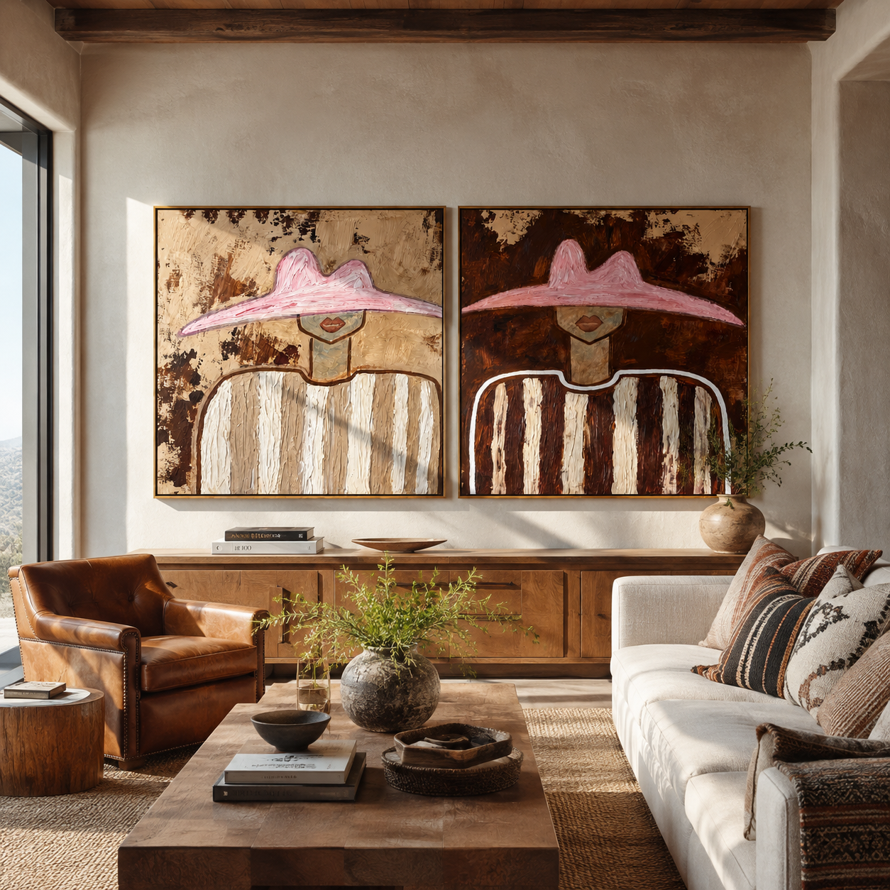 Dusty Hats Frame Stripes - weathered stripe portrait by Elliot Vale, modern figurative set of 2 wall art - styled room scene view 4