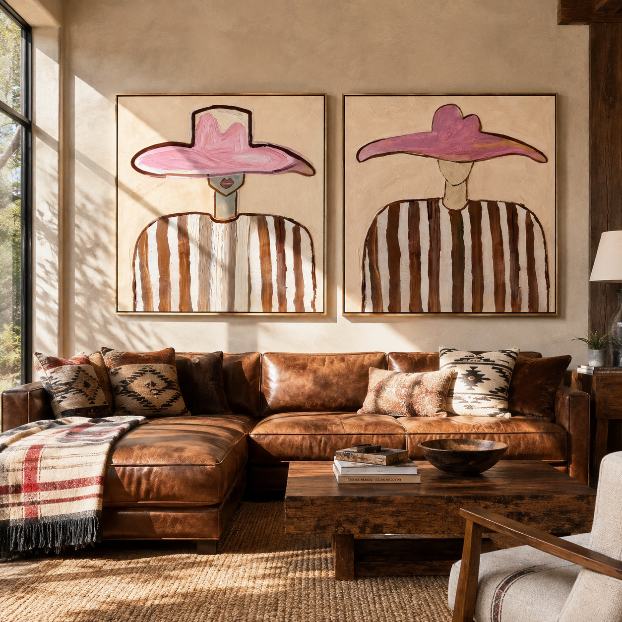 Twin Rose Brims Hover - rose hat portrait by Elliot Vale, modern figurative set of 2 wall art - styled room scene view 1