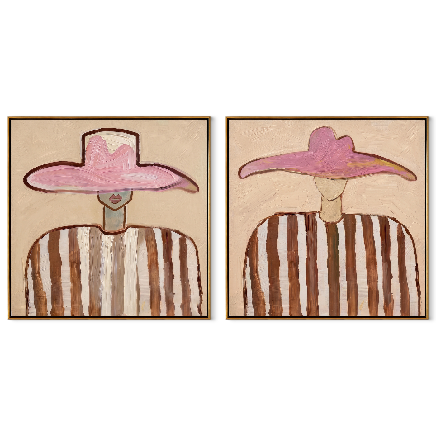 Twin Rose Brims Hover - rose hat portrait by Elliot Vale, modern figurative set of 2 wall art - complete two-panel artwork set on white background