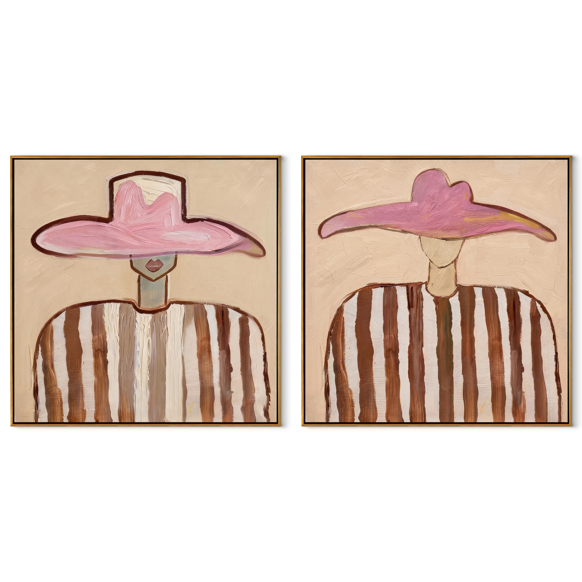 Twin Rose Brims Hover - rose hat portrait by Elliot Vale, modern figurative set of 2 wall art - complete two-panel artwork set on white background