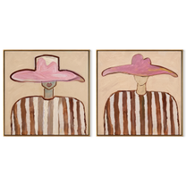 Twin Rose Brims Hover - rose hat portrait by Elliot Vale, modern figurative set of 2 wall art - complete two-panel artwork set on white background