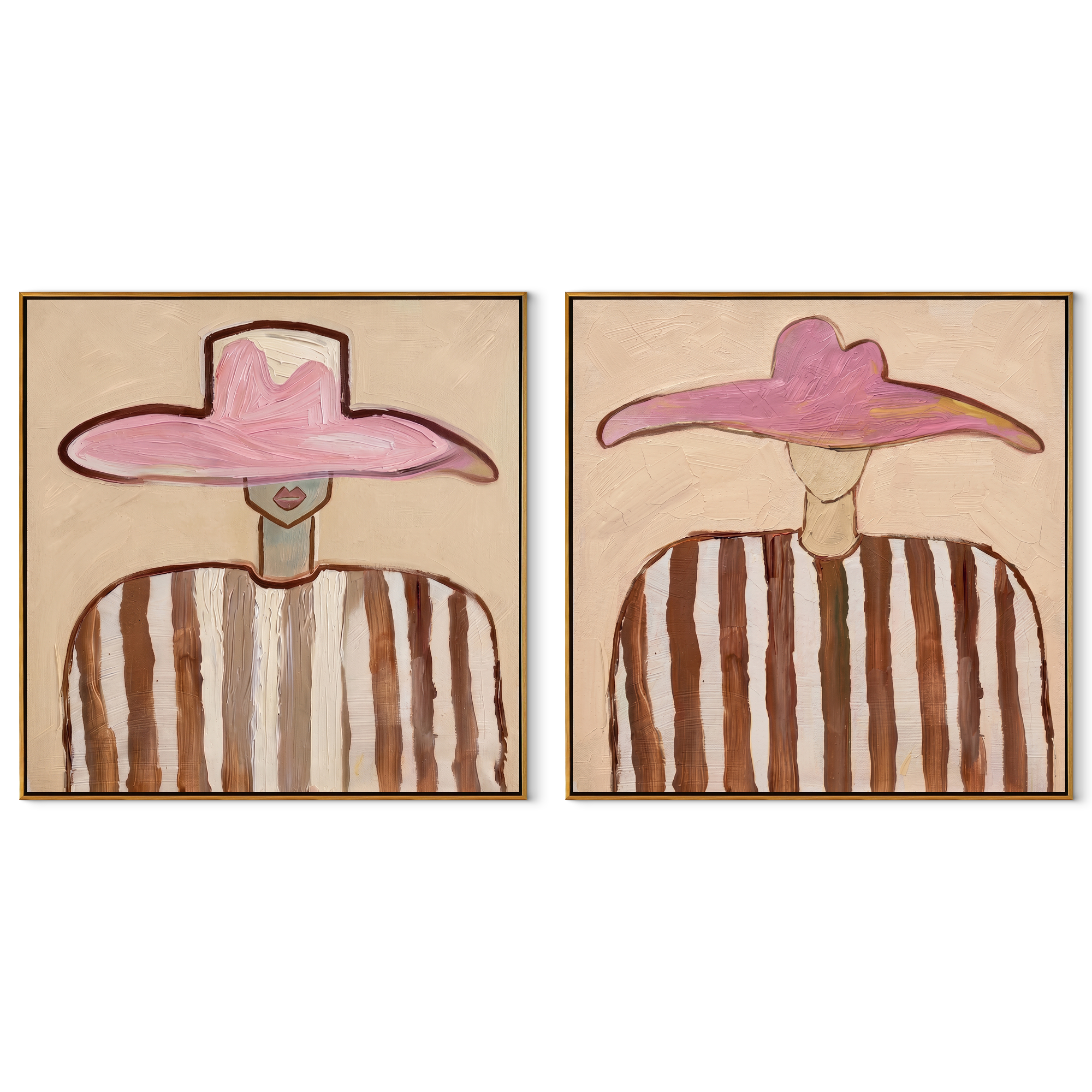 Twin Rose Brims Hover - rose hat portrait by Elliot Vale, modern figurative set of 2 wall art - complete two-panel artwork set on white background