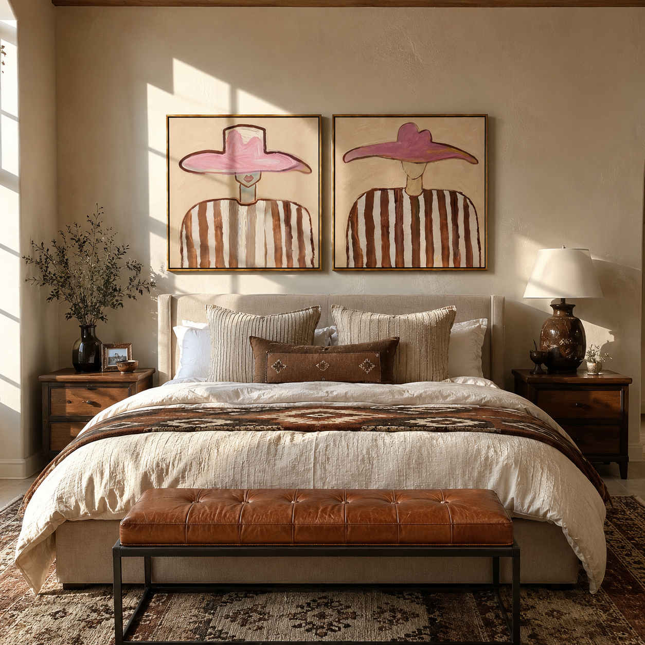 Twin Rose Brims Hover - rose hat portrait by Elliot Vale, modern figurative set of 2 wall art - styled room scene view 2