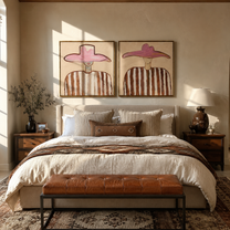 Twin Rose Brims Hover - rose hat portrait by Elliot Vale, modern figurative set of 2 wall art - styled room scene view 2