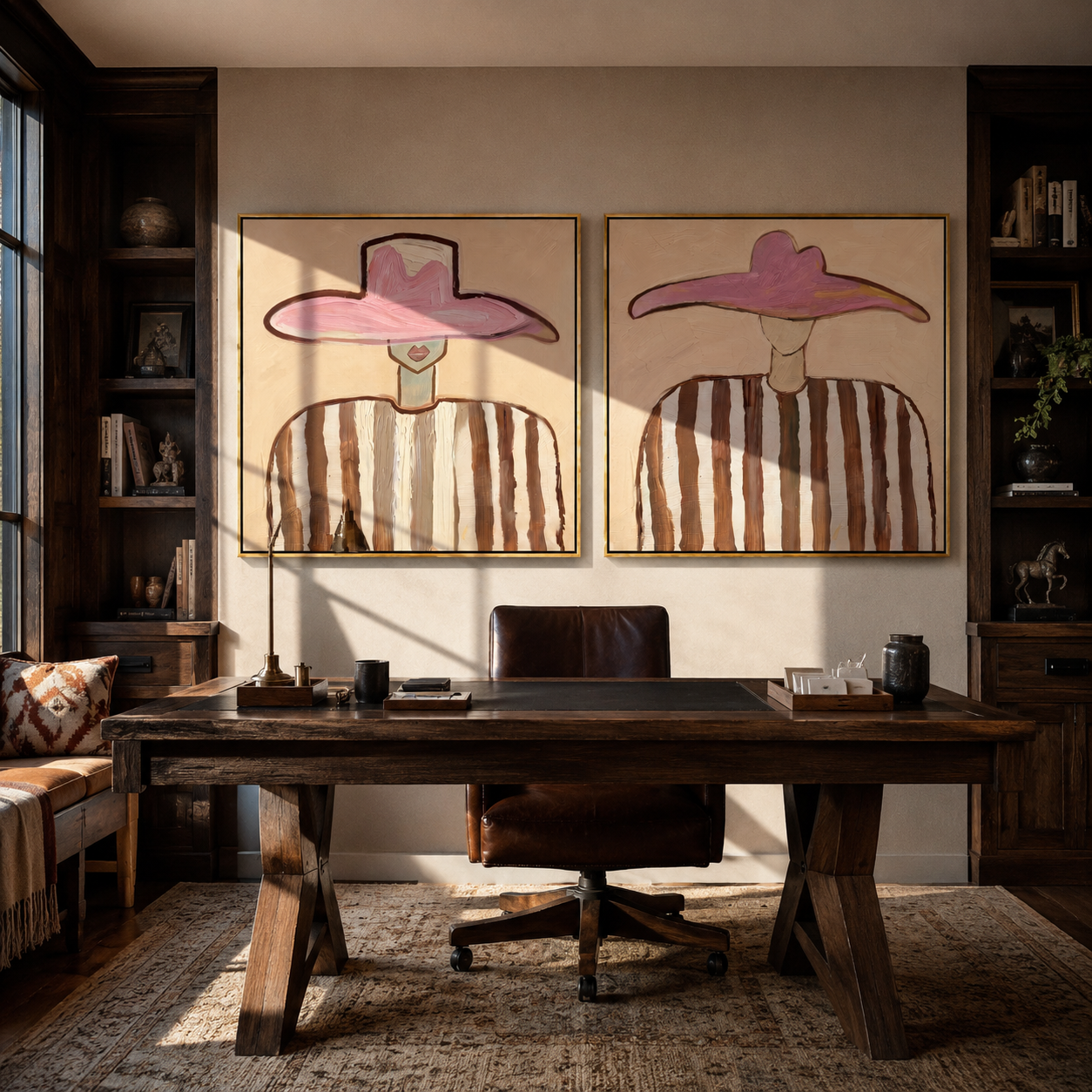 Twin Rose Brims Hover - rose hat portrait by Elliot Vale, modern figurative set of 2 wall art - styled room scene view 3