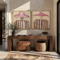 Twin Rose Brims Hover - rose hat portrait by Elliot Vale, modern figurative set of 2 wall art - styled room scene view 4