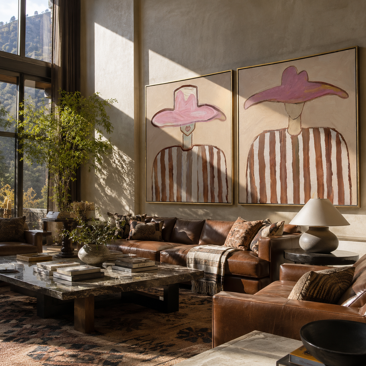 Twin Rose Brims Hover - rose hat portrait by Elliot Vale, modern figurative set of 2 wall art - styled room scene view 5