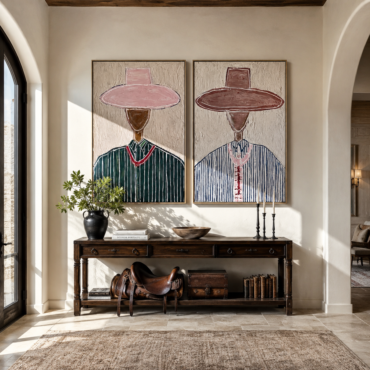Rose Hats Share Grain - paired hat figures by Elliot Vale, modern figurative set of 2 wall art - styled room scene view 1