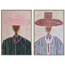 Rose Hats Share Grain - paired hat figures by Elliot Vale, modern figurative set of 2 wall art - complete two-panel artwork set on white background