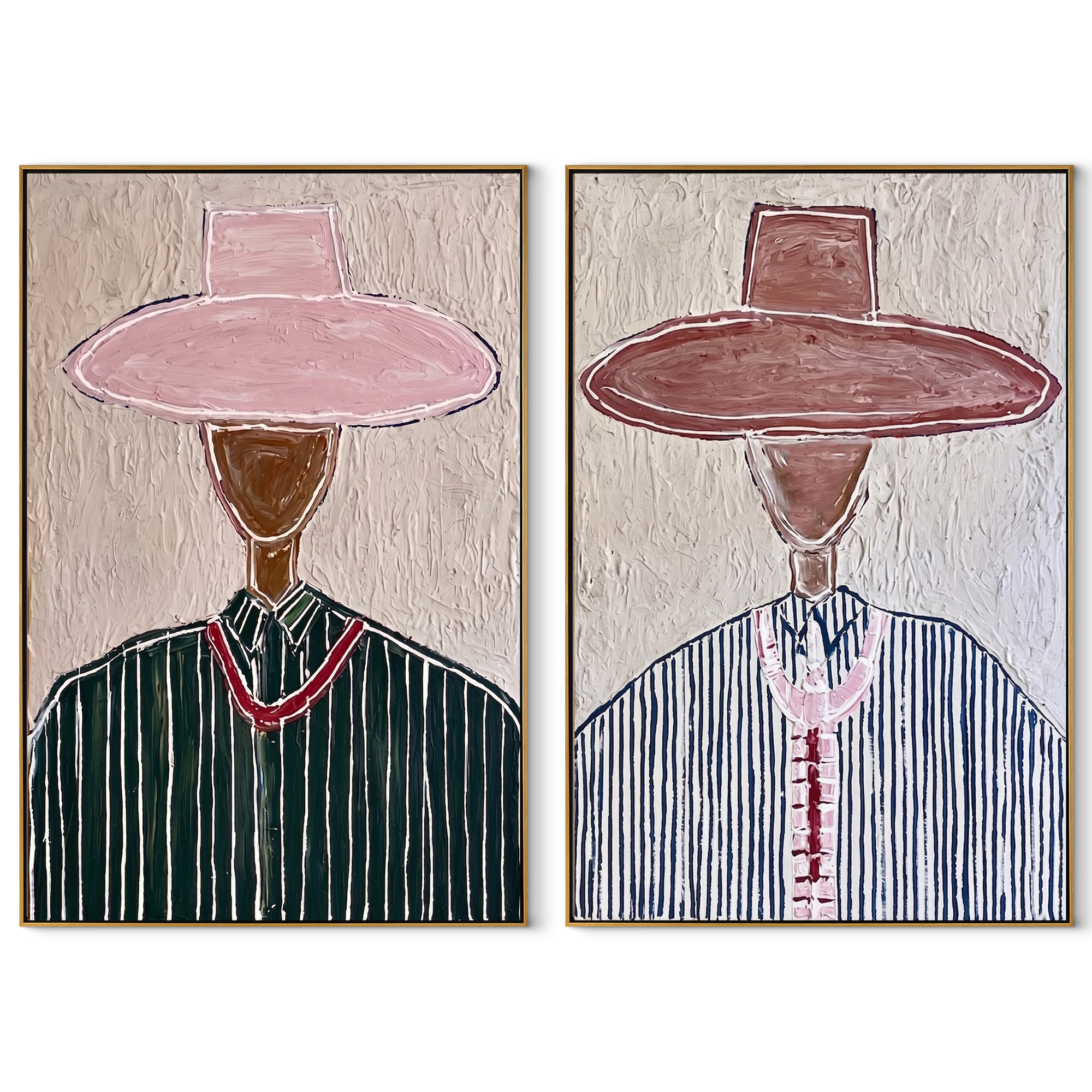 Rose Hats Share Grain - paired hat figures by Elliot Vale, modern figurative set of 2 wall art - complete two-panel artwork set on white background