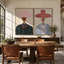 Rose Hats Share Grain - paired hat figures by Elliot Vale, modern figurative set of 2 wall art - styled room scene view 2