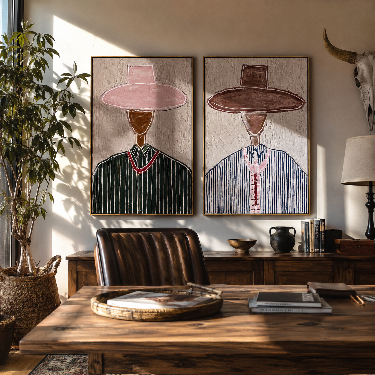 Rose Hats Share Grain - paired hat figures by Elliot Vale, modern figurative set of 2 wall art - styled room scene view 3