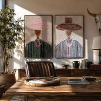 Rose Hats Share Grain - paired hat figures by Elliot Vale, modern figurative set of 2 wall art - styled room scene view 3