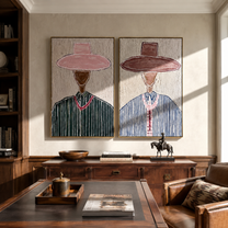Rose Hats Share Grain - paired hat figures by Elliot Vale, modern figurative set of 2 wall art - styled room scene view 4