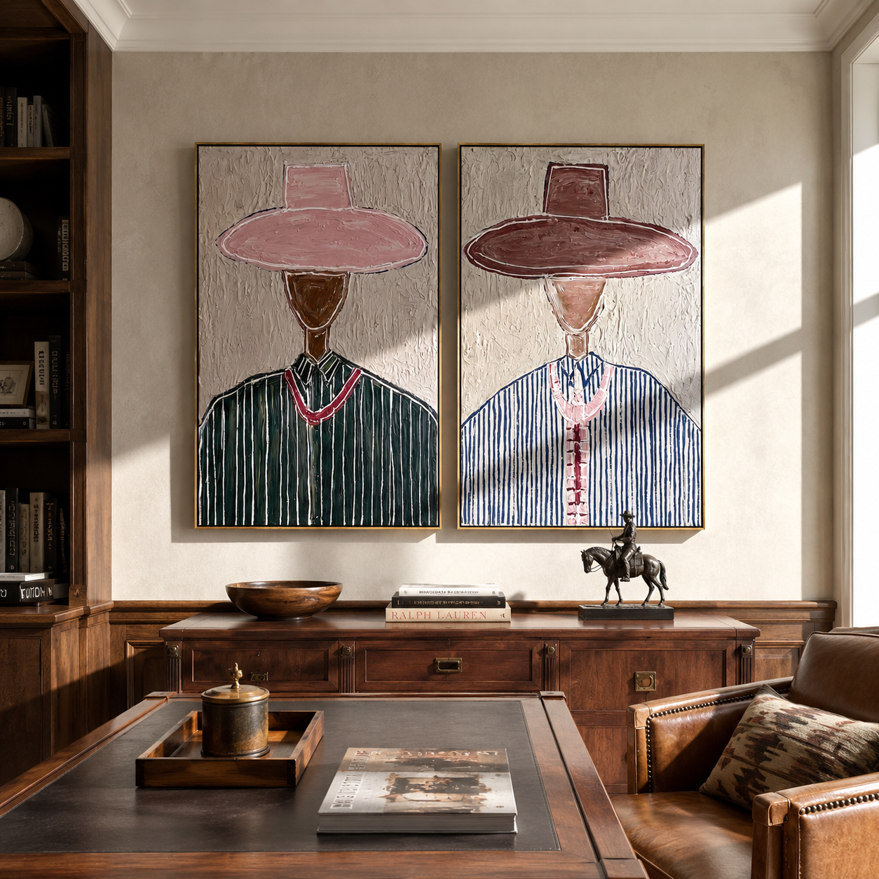 Rose Hats Share Grain - paired hat figures by Elliot Vale, modern figurative set of 2 wall art - styled room scene view 4