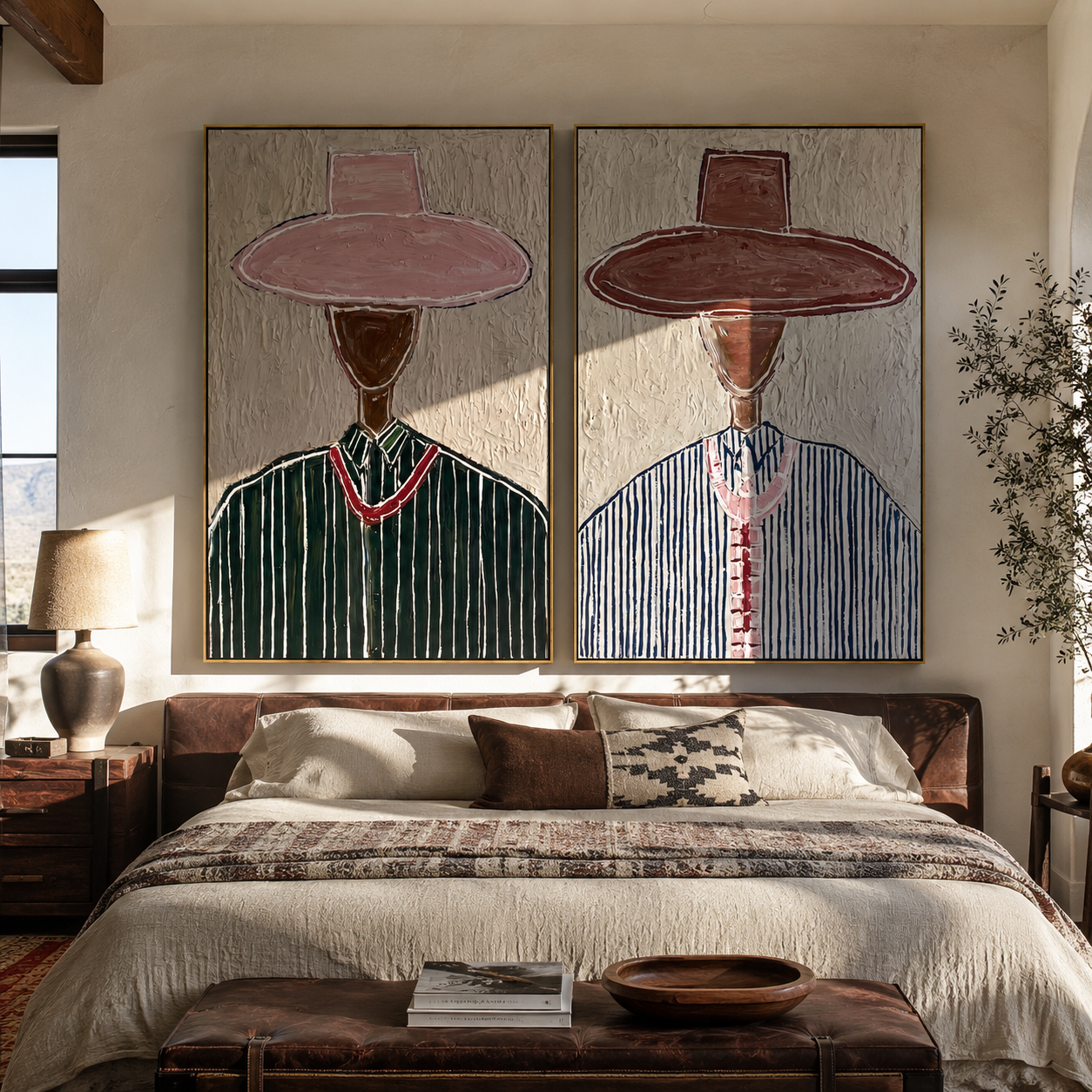 Rose Hats Share Grain - paired hat figures by Elliot Vale, modern figurative set of 2 wall art - styled room scene view 5