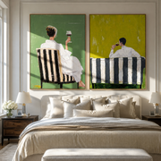 Cafe Chairs Face Away - seated cafe backs by Elliot Vale, modern figurative set of 2 wall art - styled room scene view 1