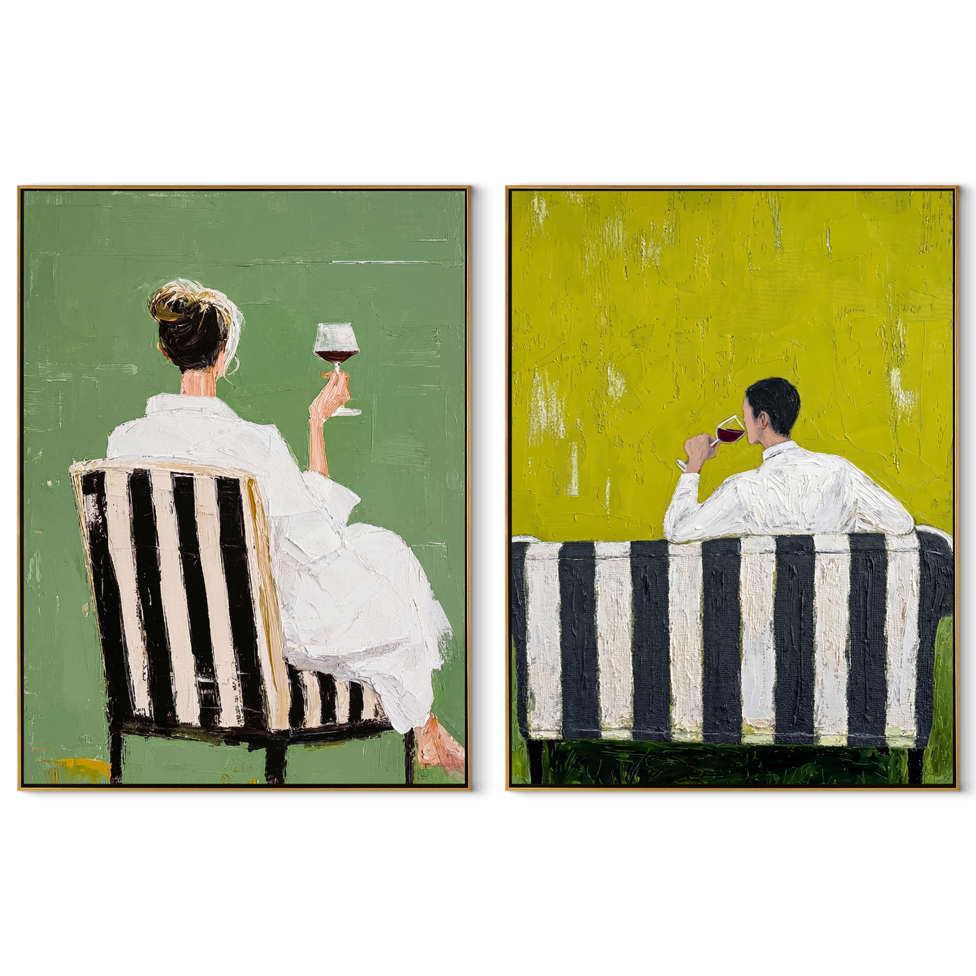 Cafe Chairs Face Away - seated cafe backs by Elliot Vale, modern figurative set of 2 wall art - complete two-panel artwork set on white background