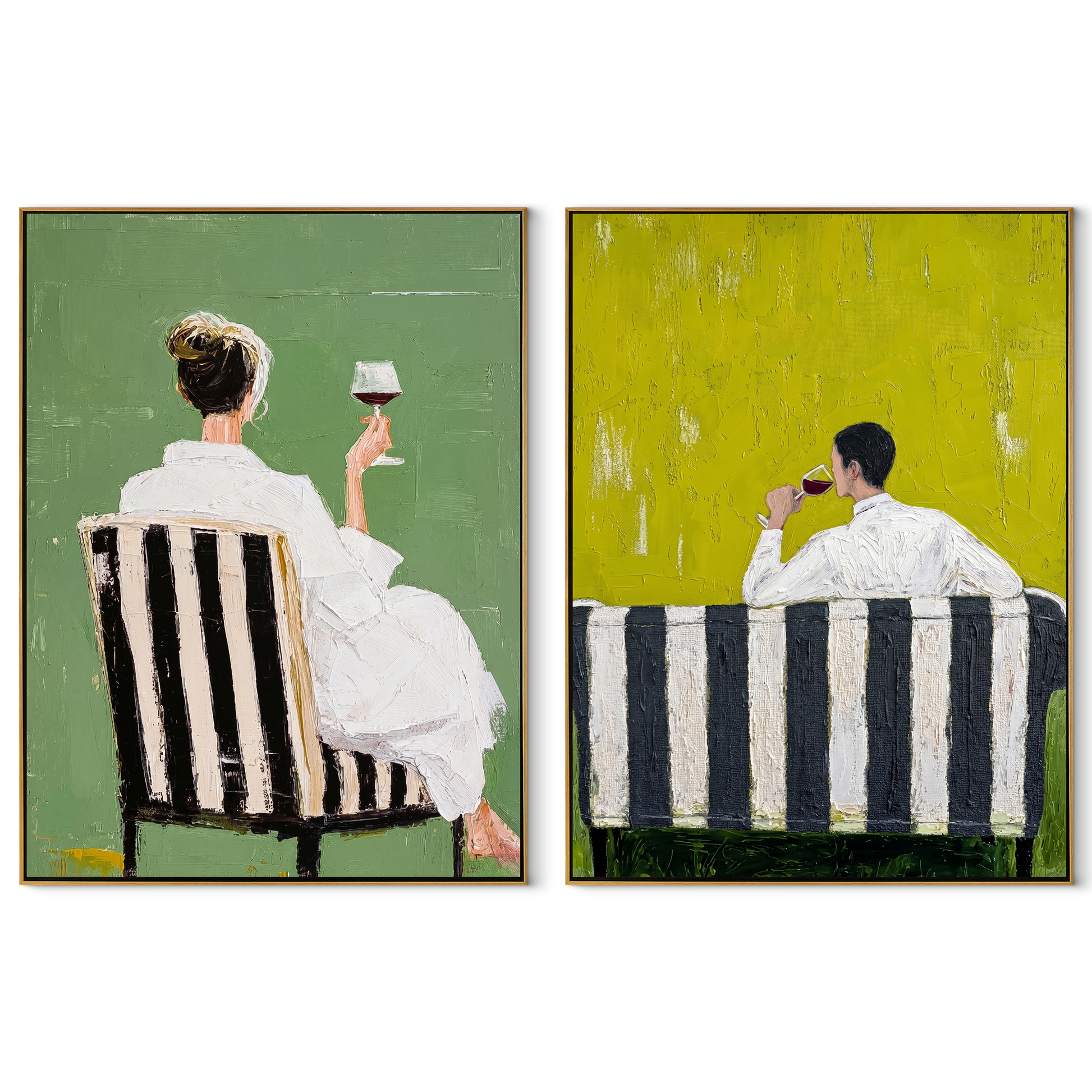 Cafe Chairs Face Away - seated cafe backs by Elliot Vale, modern figurative set of 2 wall art - complete two-panel artwork set on white background