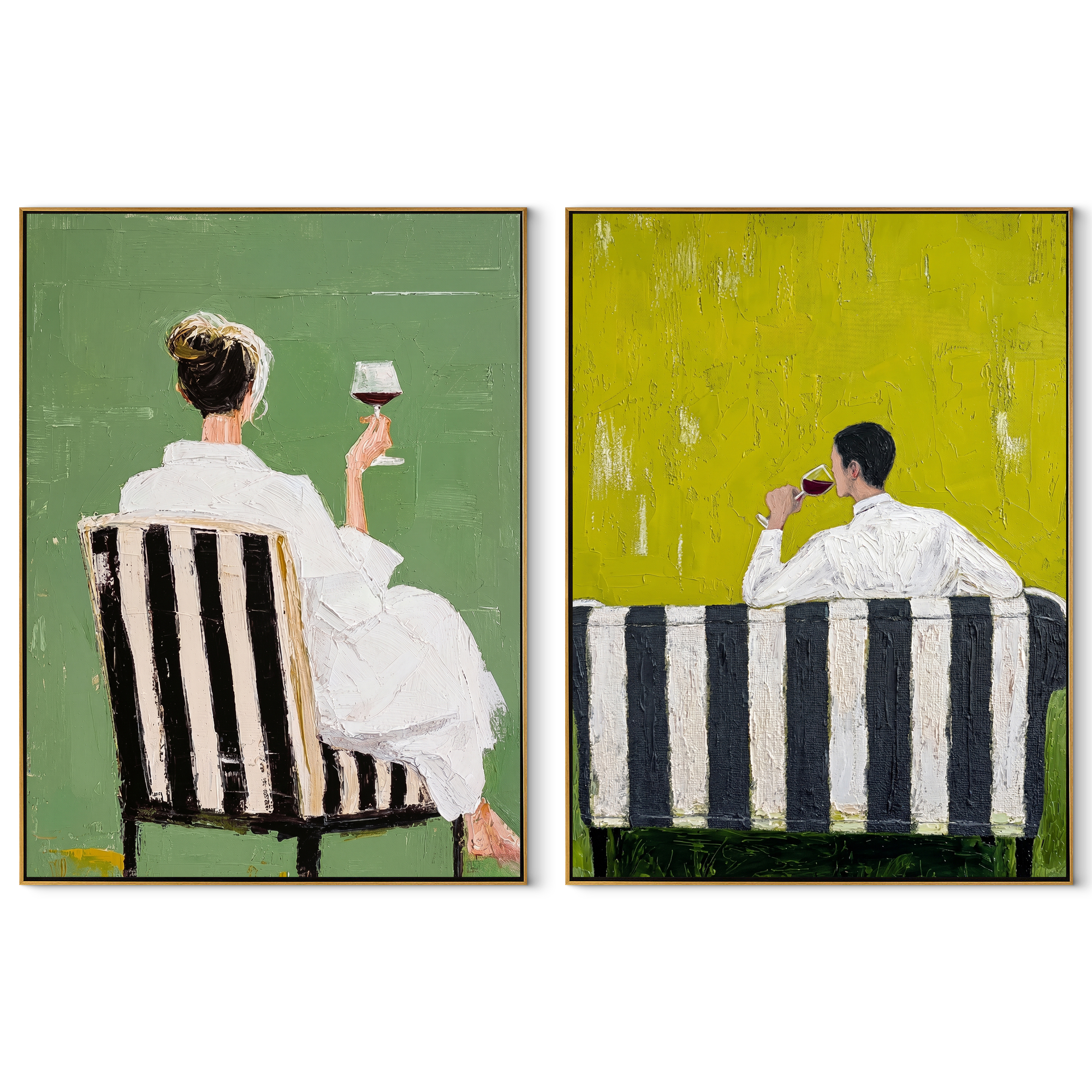 Cafe Chairs Face Away - seated cafe backs by Elliot Vale, modern figurative set of 2 wall art - complete two-panel artwork set on white background