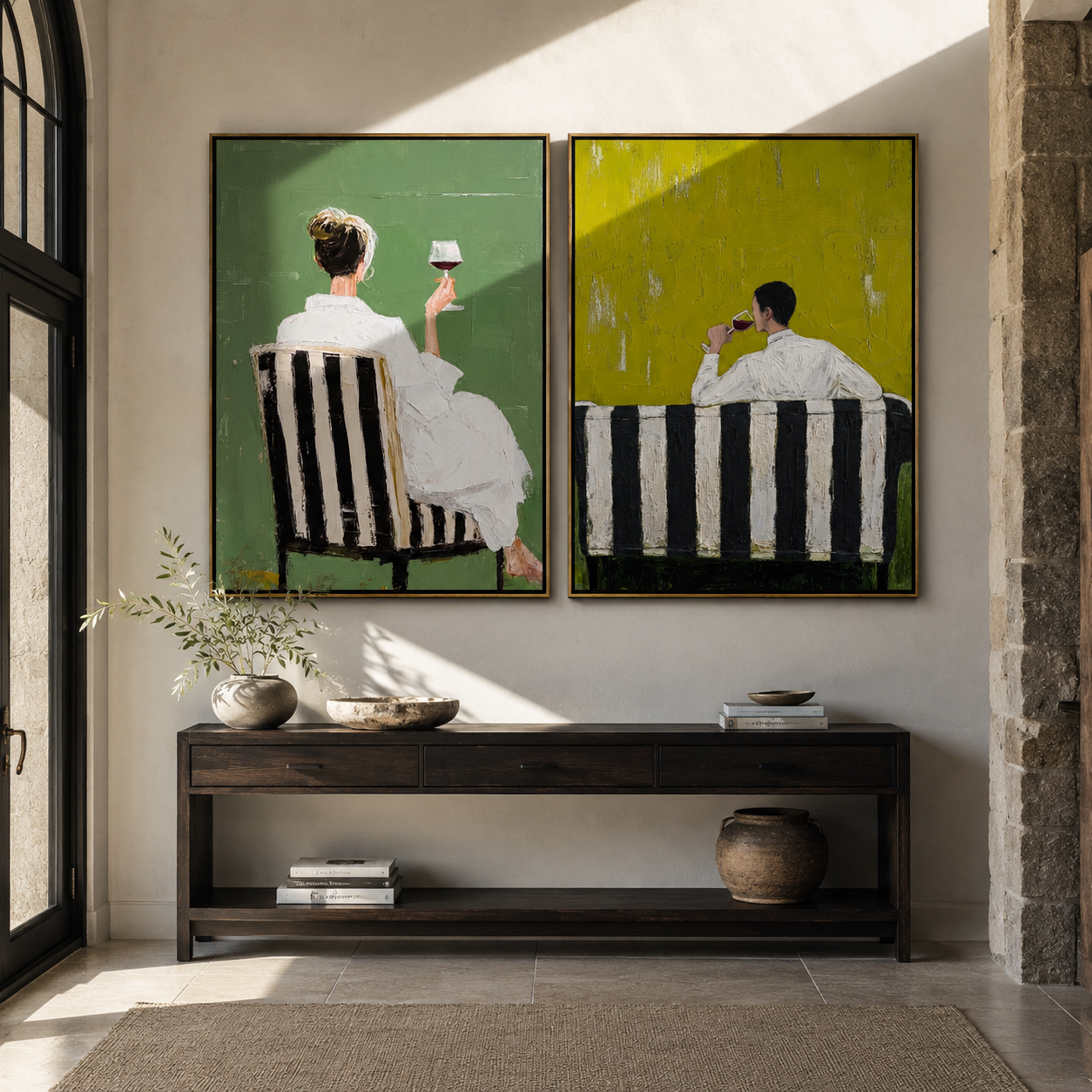 Cafe Chairs Face Away - seated cafe backs by Elliot Vale, modern figurative set of 2 wall art - styled room scene view 2