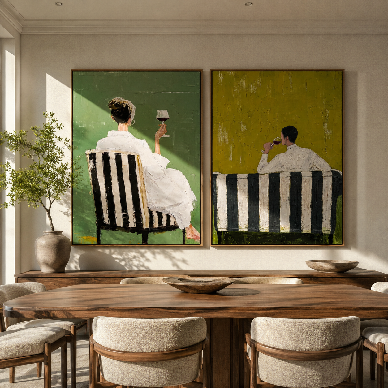 Cafe Chairs Face Away - seated cafe backs by Elliot Vale, modern figurative set of 2 wall art - styled room scene view 3
