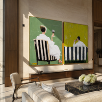 Cafe Chairs Face Away - seated cafe backs by Elliot Vale, modern figurative set of 2 wall art - styled room scene view 4