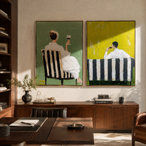 Cafe Chairs Face Away - seated cafe backs by Elliot Vale, modern figurative set of 2 wall art - styled room scene view 5