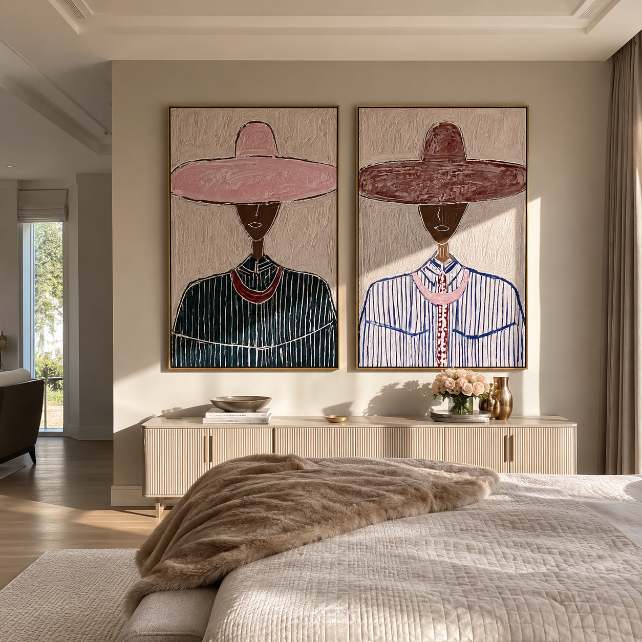 Dark Faces Wear Rose - rose hat portrait by Elliot Vale, modern figurative set of 2 wall art - styled room scene view 1