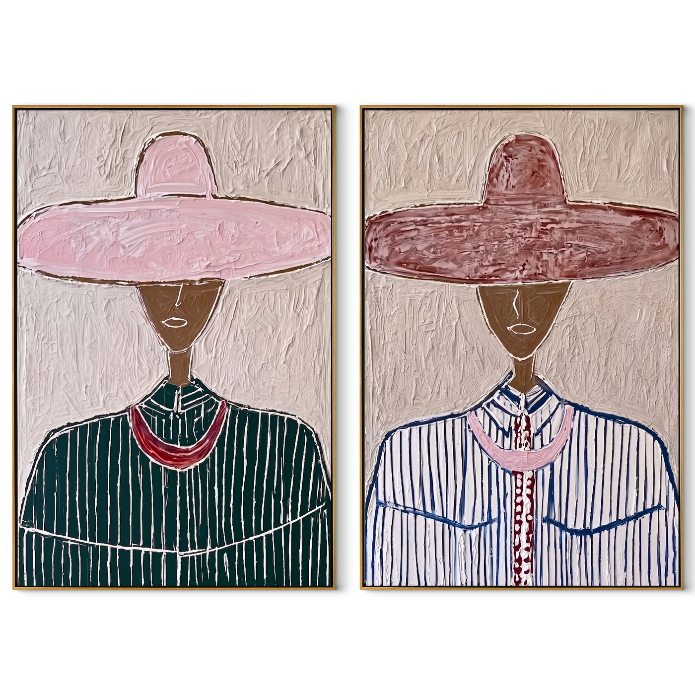 Dark Faces Wear Rose - rose hat portrait by Elliot Vale, modern figurative set of 2 wall art - complete two-panel artwork set on white background