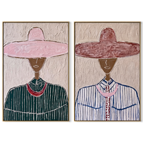 Dark Faces Wear Rose - rose hat portrait by Elliot Vale, modern figurative set of 2 wall art - complete two-panel artwork set on white background