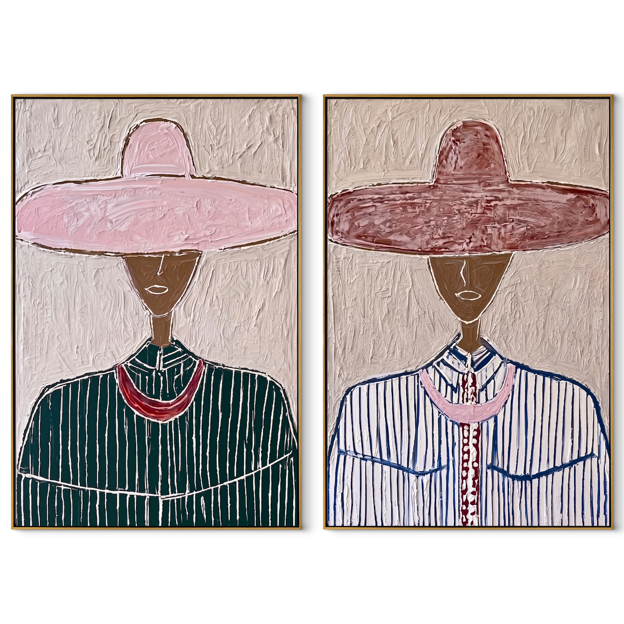 Dark Faces Wear Rose - rose hat portrait by Elliot Vale, modern figurative set of 2 wall art - complete two-panel artwork set on white background