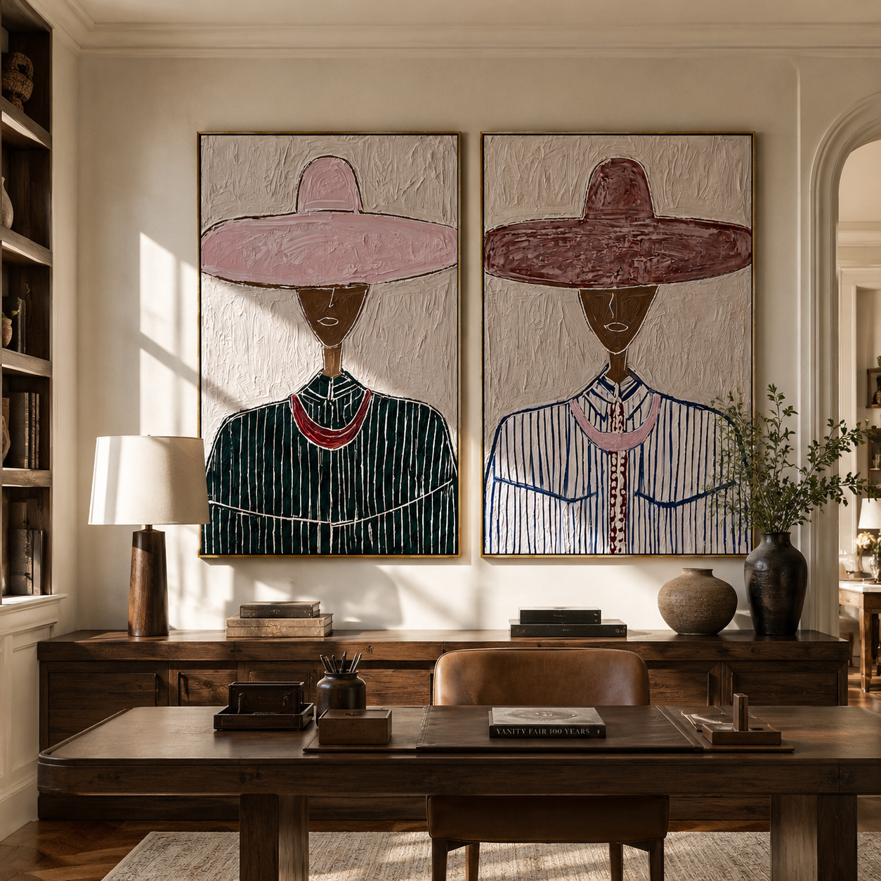 Dark Faces Wear Rose - rose hat portrait by Elliot Vale, modern figurative set of 2 wall art - styled room scene view 2