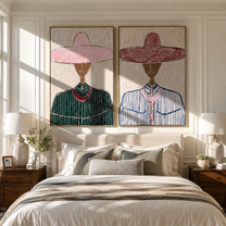 Dark Faces Wear Rose - rose hat portrait by Elliot Vale, modern figurative set of 2 wall art - styled room scene view 3