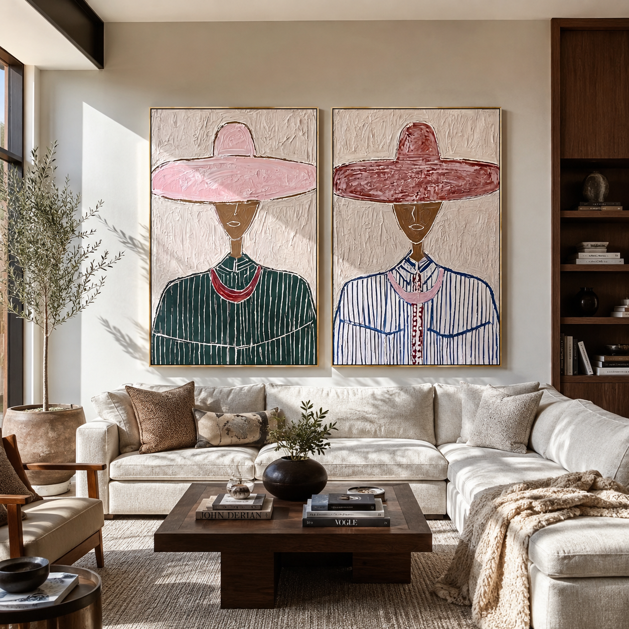 Dark Faces Wear Rose - rose hat portrait by Elliot Vale, modern figurative set of 2 wall art - styled room scene view 4