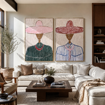 Dark Faces Wear Rose - rose hat portrait by Elliot Vale, modern figurative set of 2 wall art - styled room scene view 4