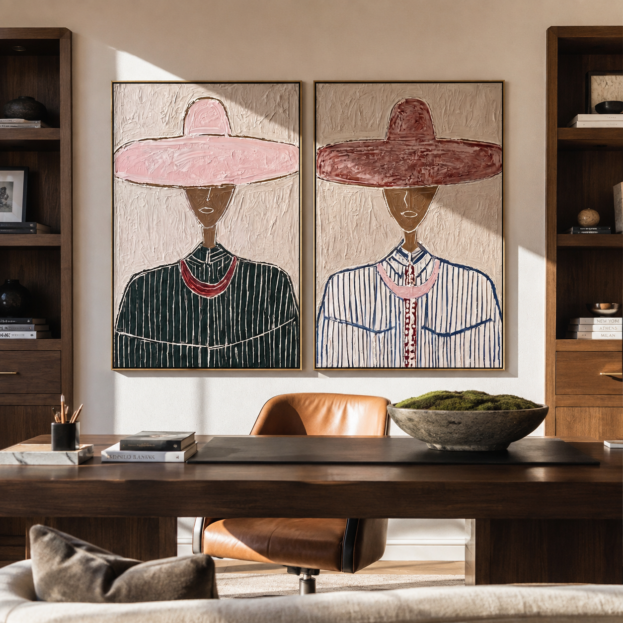 Dark Faces Wear Rose - rose hat portrait by Elliot Vale, modern figurative set of 2 wall art - styled room scene view 5