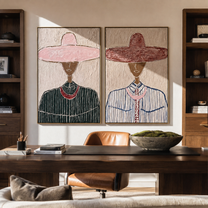 Dark Faces Wear Rose - rose hat portrait by Elliot Vale, modern figurative set of 2 wall art - styled room scene view 5