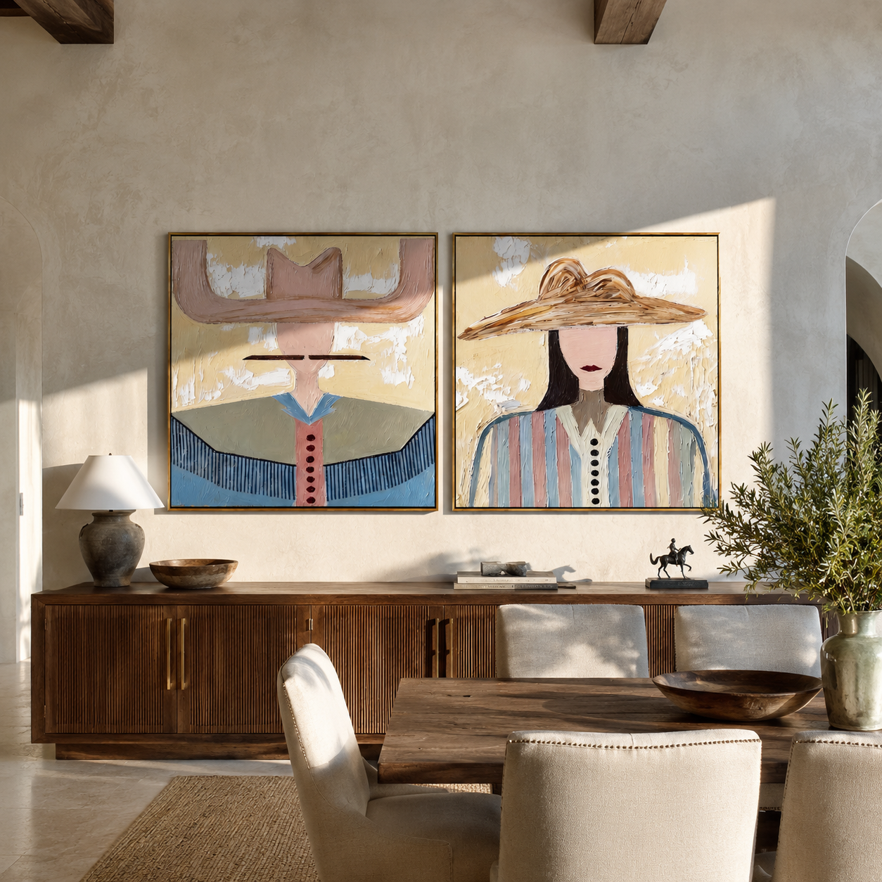 Pale Brims Meet Stripes - contrasting hat women by Elliot Vale, modern figurative set of 2 wall art - styled room scene view 1