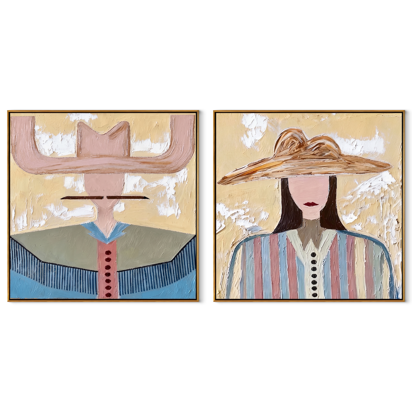 Pale Brims Meet Stripes - contrasting hat women by Elliot Vale, modern figurative set of 2 wall art - complete two-panel artwork set on white background