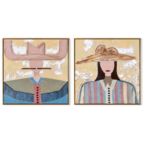 Pale Brims Meet Stripes - contrasting hat women by Elliot Vale, modern figurative set of 2 wall art - complete two-panel artwork set on white background