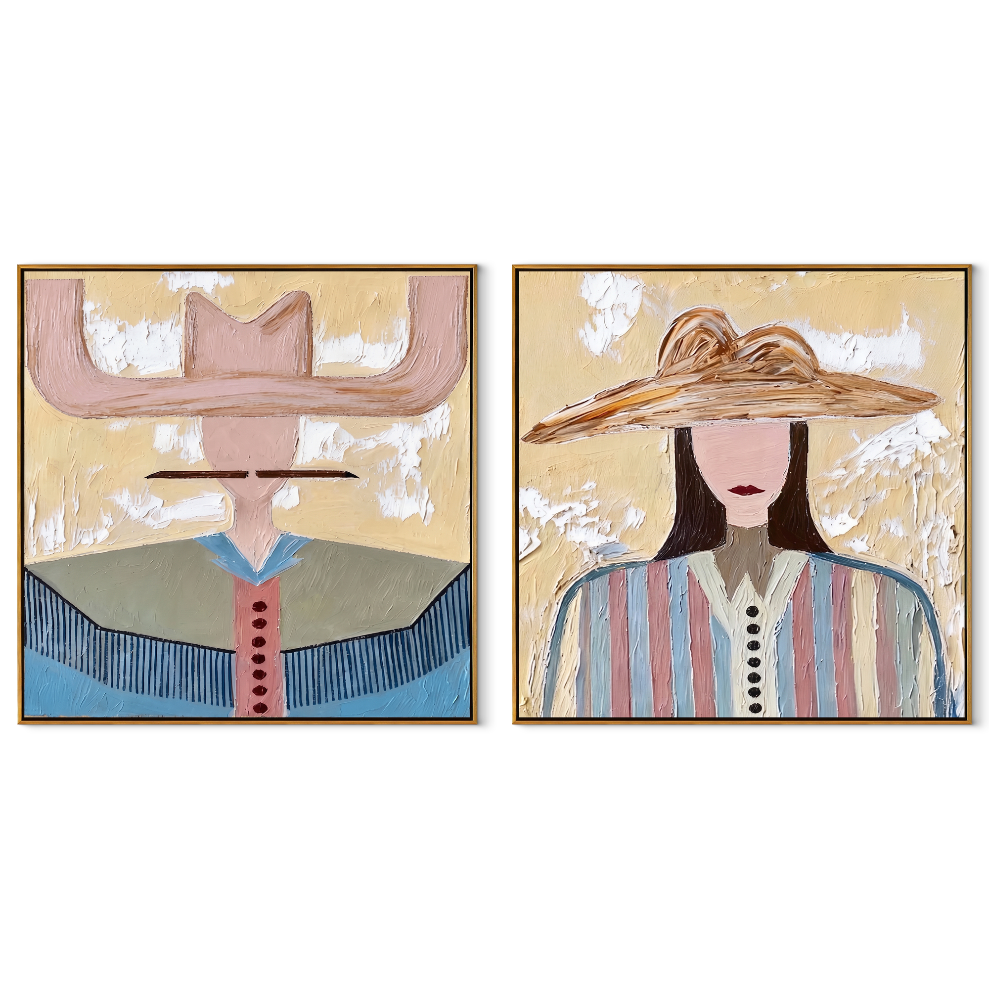 Pale Brims Meet Stripes - contrasting hat women by Elliot Vale, modern figurative set of 2 wall art - complete two-panel artwork set on white background