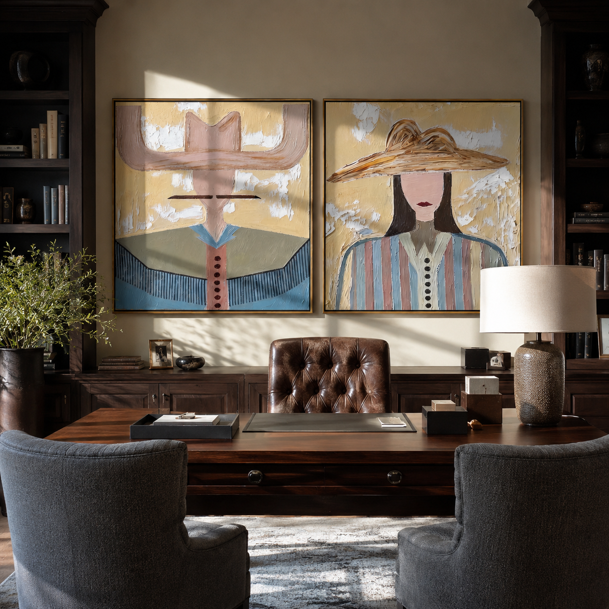 Pale Brims Meet Stripes - contrasting hat women by Elliot Vale, modern figurative set of 2 wall art - styled room scene view 2
