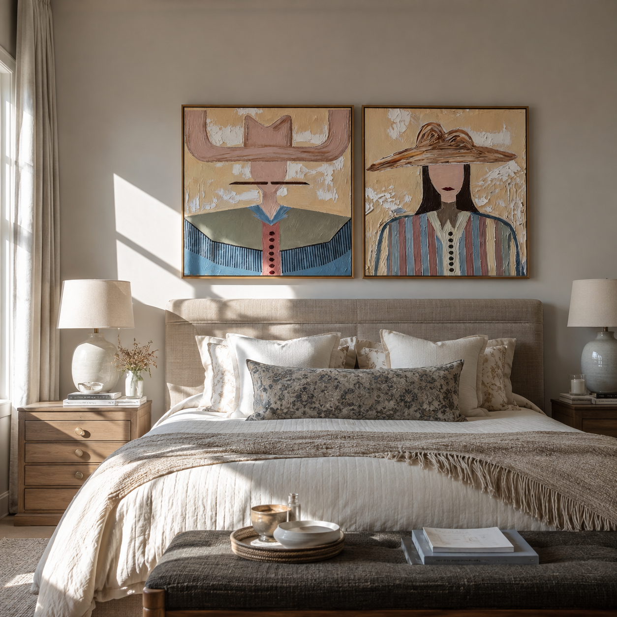 Pale Brims Meet Stripes - contrasting hat women by Elliot Vale, modern figurative set of 2 wall art - styled room scene view 3