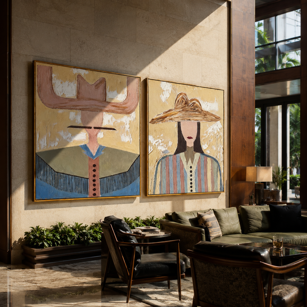 Pale Brims Meet Stripes - contrasting hat women by Elliot Vale, modern figurative set of 2 wall art - styled room scene view 4