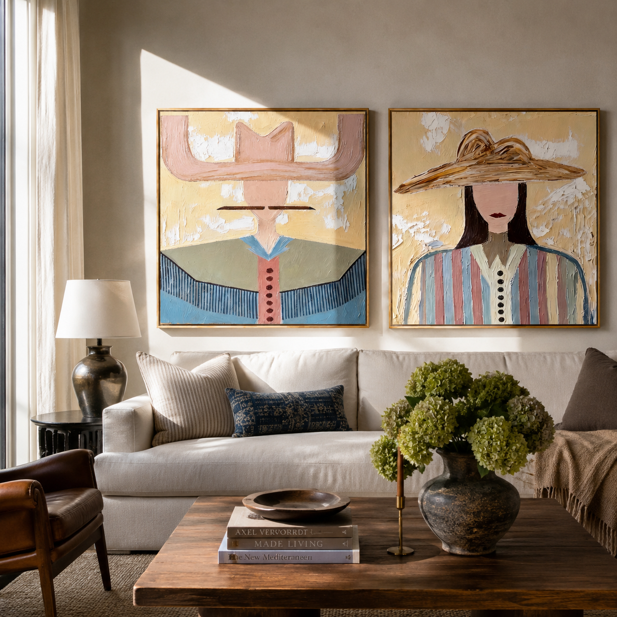 Pale Brims Meet Stripes - contrasting hat women by Elliot Vale, modern figurative set of 2 wall art - styled room scene view 5