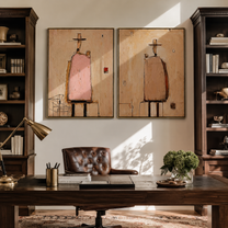 Chairs Hold Pink Silence - abstract seated figures by Elliot Vale, modern figurative set of 2 wall art - styled room scene view 1
